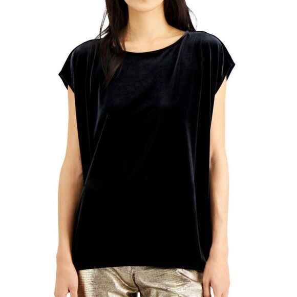 Alfani Top Boat Neck Black Velour Velvety Look Cap Sleeve Oversized Small - Picture 2 of 16